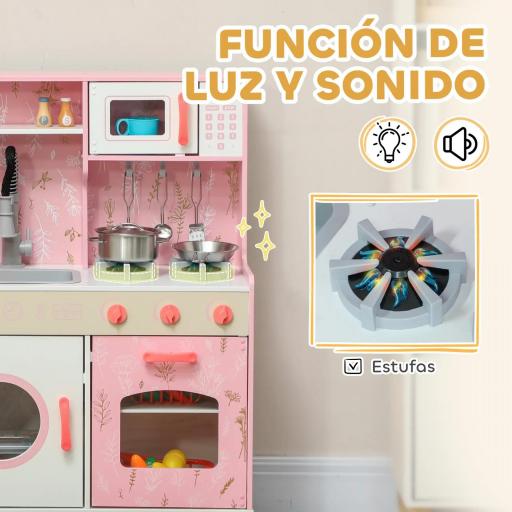 Cocina de Madera Infantil con Sonido Fogón Horno Grifo Fregadero Microondas Lavadora Máquina de Hielo Rosa [6]