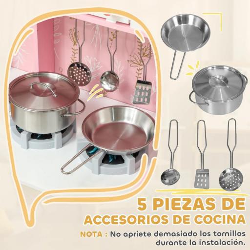 Cocina de Madera Infantil con Sonido Fogón Horno Grifo Fregadero Microondas Lavadora Máquina de Hielo Rosa [3]