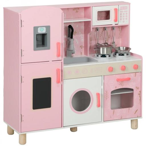 Cocina de Madera Infantil con Sonido Fogón Horno Grifo Fregadero Microondas Lavadora Máquina de Hielo Rosa [8]