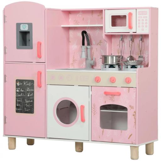 Cocina de Madera Infantil con Sonido Fogón Horno Grifo Fregadero Microondas Lavadora Máquina de Hielo Rosa [9]