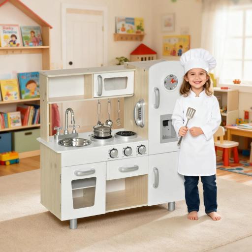 Cocina de Juguete de Madera con Fregadero Cocina de Inducción y Microondas Simulados con Accesorios Incluidos Cocina Infantil para +3 Años 74x30x81 cm Blanco