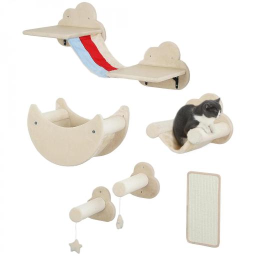 Juego de Escalada para Gatos de Pared de 6 Piezas con Hamacas Plataformas Tabla Rascador Escaleras y Estrellas Beige [2]