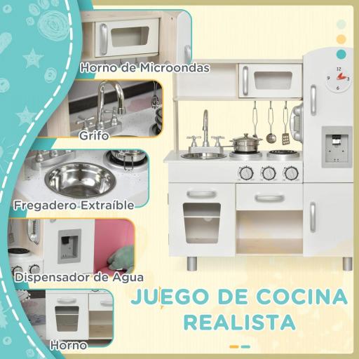 Cocina de Juguete de Madera con Fregadero Cocina de Inducción y Microondas Simulados con Accesorios Incluidos Cocina Infantil para +3 Años 74x30x81 cm Blanco [2]