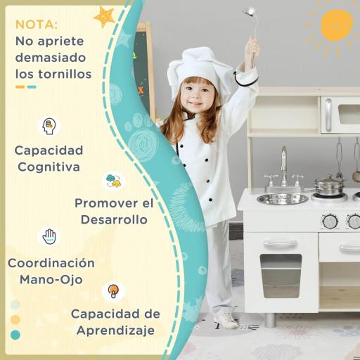Cocina de Juguete de Madera con Fregadero Cocina de Inducción y Microondas Simulados con Accesorios Incluidos Cocina Infantil para +3 Años 74x30x81 cm Blanco [4]
