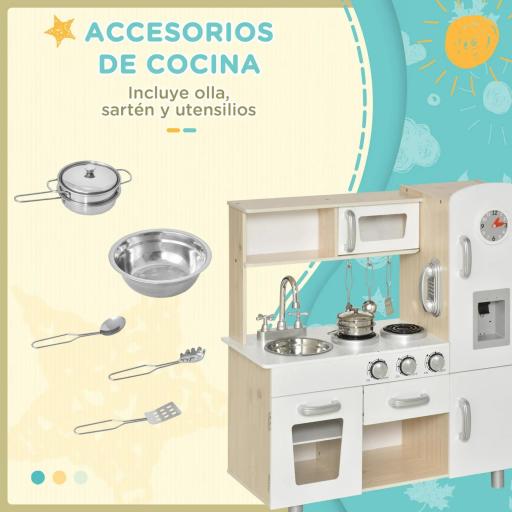 Cocina de Juguete de Madera con Fregadero Cocina de Inducción y Microondas Simulados con Accesorios Incluidos Cocina Infantil para +3 Años 74x30x81 cm Blanco [3]