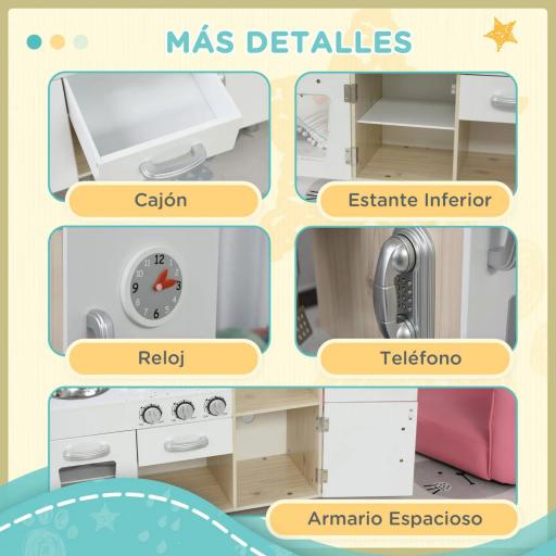 Cocina de Juguete de Madera con Fregadero Cocina de Inducción y Microondas Simulados con Accesorios Incluidos Cocina Infantil para +3 Años 74x30x81 cm Blanco [5]