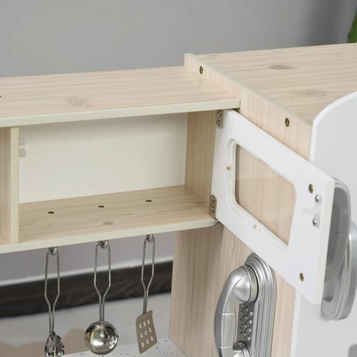 Cocina de Juguete de Madera con Fregadero Cocina de Inducción y Microondas Simulados con Accesorios Incluidos Cocina Infantil para +3 Años 74x30x81 cm Blanco [7]