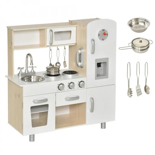 Cocina de Juguete de Madera con Fregadero Cocina de Inducción y Microondas Simulados con Accesorios Incluidos Cocina Infantil para +3 Años 74x30x81 cm Blanco [10]