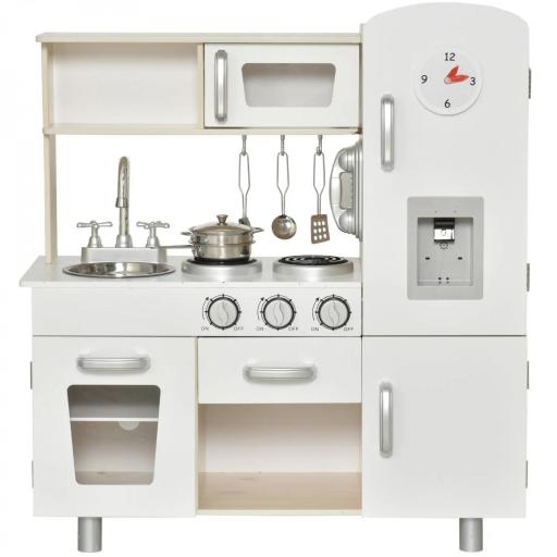 Cocina de Juguete de Madera con Fregadero Cocina de Inducción y Microondas Simulados con Accesorios Incluidos Cocina Infantil para +3 Años 74x30x81 cm Blanco [8]
