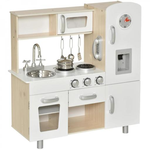 Cocina de Juguete de Madera con Fregadero Cocina de Inducción y Microondas Simulados con Accesorios Incluidos Cocina Infantil para +3 Años 74x30x81 cm Blanco [9]
