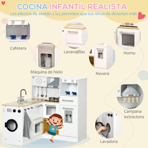 Cocina de Juguete de Madera para Niños de +3 Años Cocinita de Juguete con Luz Sonidos y Taburete Blanco [2]