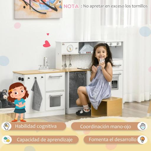 Cocina de Juguete de Madera para Niños de +3 Años Cocinita de Juguete con Luz Sonidos y Taburete Blanco [3]