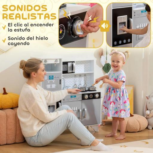 Cocina de Juguete de Madera con Sonido Accesorios de Acero Inoxidable para Niños a Partir de 3 Años Blanco [5]