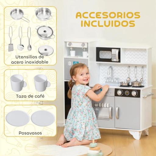 Cocina de Juguete de Madera con Sonido Accesorios de Acero Inoxidable para Niños a Partir de 3 Años Blanco [3]