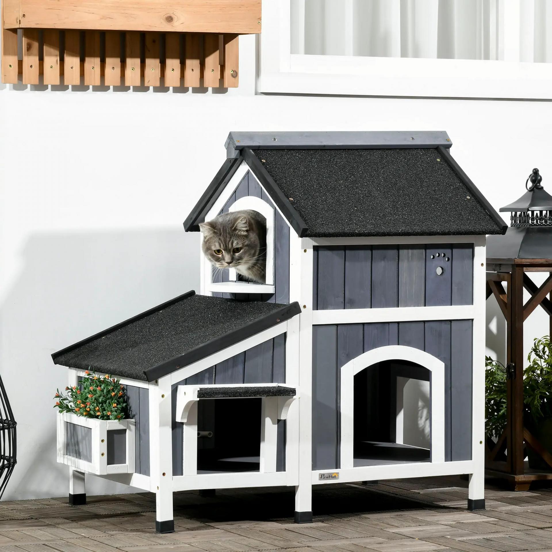 Caseta de Madera de Exterior para Gatos Casa para Gatos Refugio para Gatos de 2 Niveles 96x65x85,5 cm Gris