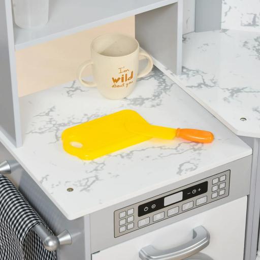 Cocina infantil de madera con 17 accesorios vegetales de plástico botones y luces gorro 3-6 años Gris Blanco [5]