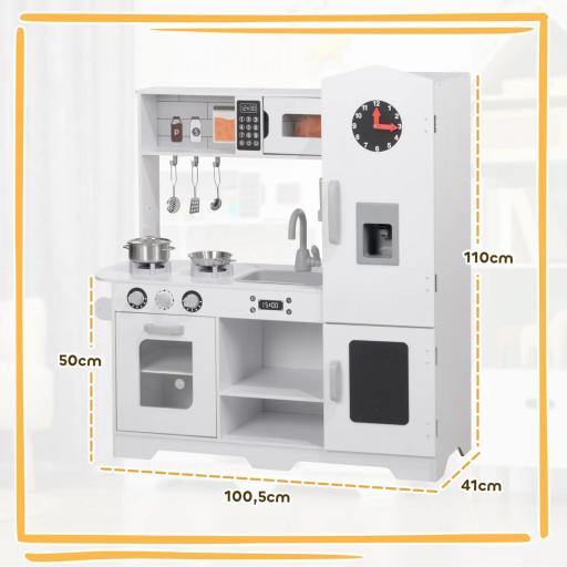 Cocina de Madera Infantil con Fogón Grifo Fregadero Microondas Reloj Máquina de Hielo y Accesorios de Cocina Blanco [1]