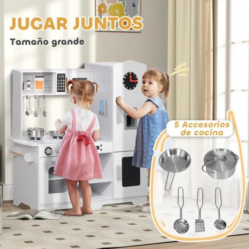Cocina de Madera Infantil con Fogón Grifo Fregadero Microondas Reloj Máquina de Hielo y Accesorios de Cocina Blanco [2]
