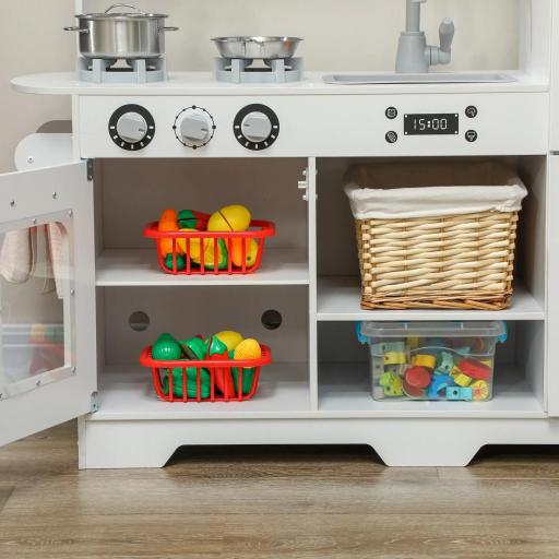 Cocina de Madera Infantil con Fogón Grifo Fregadero Microondas Reloj Máquina de Hielo y Accesorios de Cocina Blanco [4]