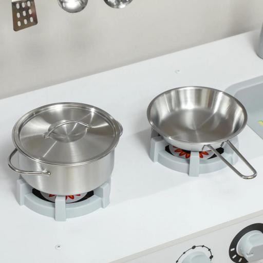 Cocina de Madera Infantil con Fogón Grifo Fregadero Microondas Reloj Máquina de Hielo y Accesorios de Cocina Blanco [7]