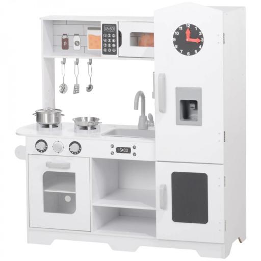 Cocina de Madera Infantil con Fogón Grifo Fregadero Microondas Reloj Máquina de Hielo y Accesorios de Cocina Blanco [8]