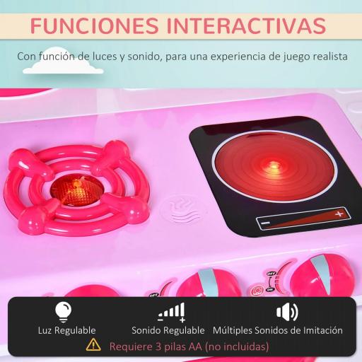 Cocina de Juguete para Niños Mayores de 3 Años con 38 Accesorios Luz Sonido Juegos de Rol Temprano Educativo 78x29x87 cm Rosa [7]