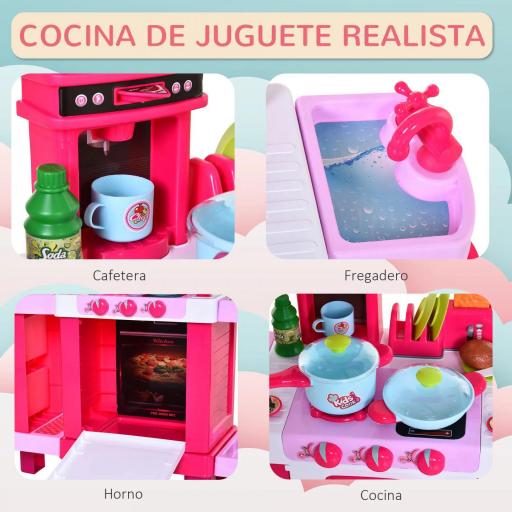 Cocina de Juguete para Niños Mayores de 3 Años con 38 Accesorios Luz Sonido Juegos de Rol Temprano Educativo 78x29x87 cm Rosa [6]