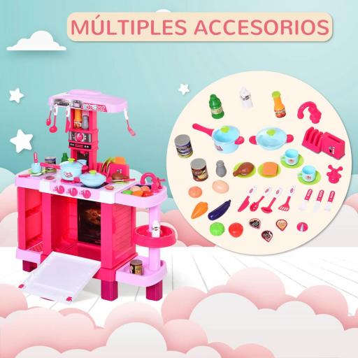Cocina de Juguete para Niños Mayores de 3 Años con 38 Accesorios Luz Sonido Juegos de Rol Temprano Educativo 78x29x87 cm Rosa [5]