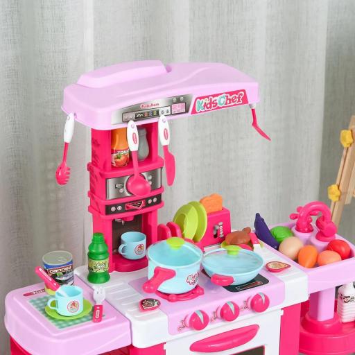 Cocina de Juguete para Niños Mayores de 3 Años con 38 Accesorios Luz Sonido Juegos de Rol Temprano Educativo 78x29x87 cm Rosa [2]