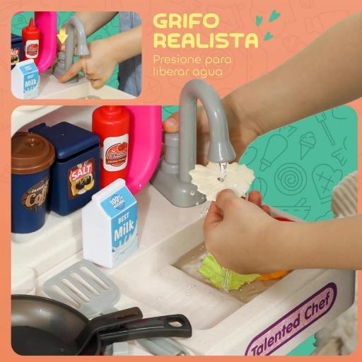 Cocina de Juguete con Luces Sonido Accesorios Fregadero Utensilios Alimentos Falsos para Niños a Partir de 3 Años Rosa [3]