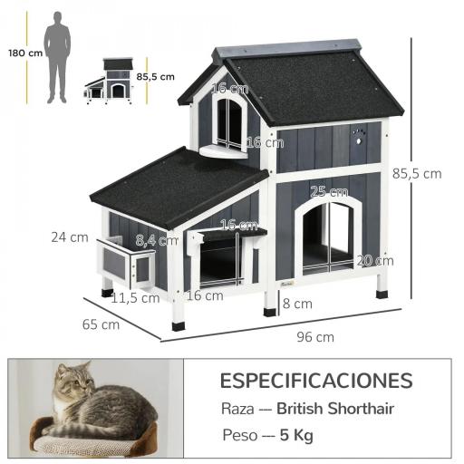 Caseta de Madera de Exterior para Gatos Casa para Gatos Refugio para Gatos de 2 Niveles 96x65x85,5 cm Gris [1]