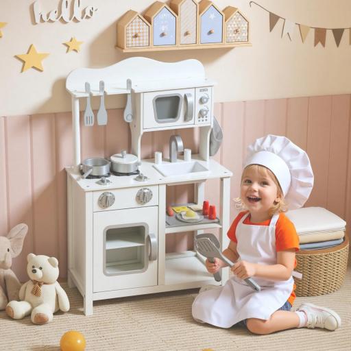 Cocina de Juguete de Madera con Sonido Accesorios Fregadero y Microondas para Niños a Partir de 3 Años Blanco