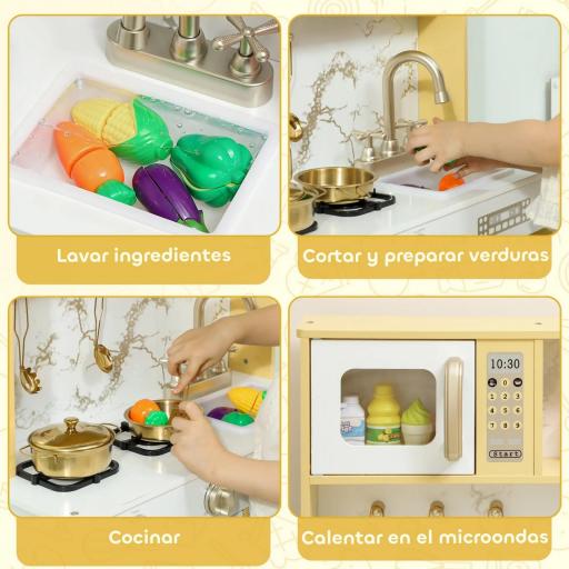 Cocina de Juguete de Madera con Sonido con Accesorios de Acero Inoxidable Verduras para Cortar Dorado [3]