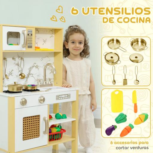 Cocina de Juguete de Madera con Sonido con Accesorios de Acero Inoxidable Verduras para Cortar Dorado [5]