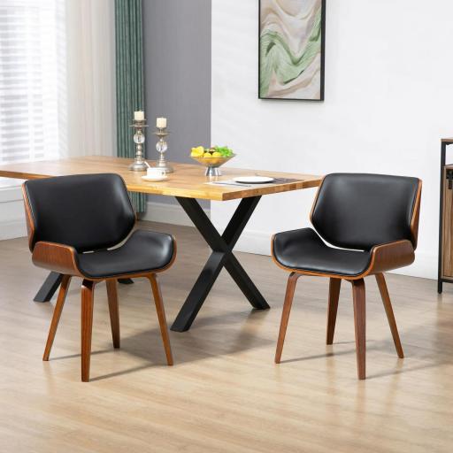 Pack de 2 Sillas de Comedor con Patas de Madera Tapizadas en Cuero Sintético Respaldo Curvado 53x54x81 cm Negro