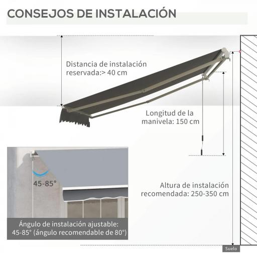 Toldo Manual Retráctil 3x2,5 cm, Toldo Exterior Terraza con Ángulo Ajustable, Brazo Articulado, Montaje a Pared, Estructura de Aluminio, Anti-UV e Impermeable, para Jardín, Gris [2]