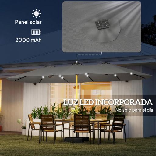 Sombrilla Doble de Jardín 4,6x2,6 m con 48 Luces LED Base Incluida Manivela Sacos de Arena Anti-UV Gris Claro [2]