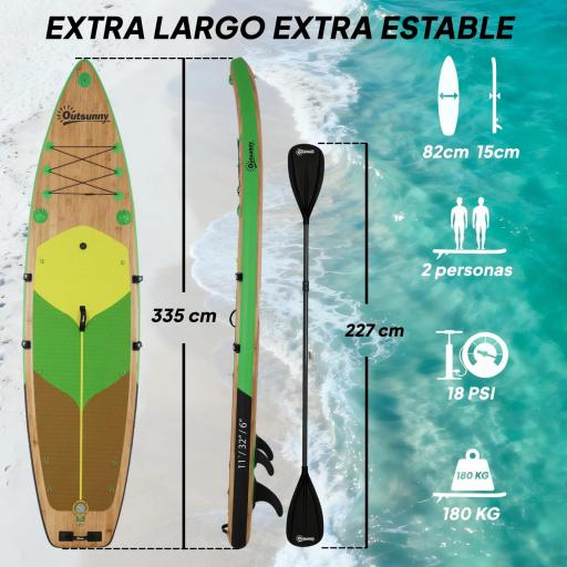 Tabla Paddle Surf Hinchable SUP Extra Largo de 335 cm con Asiento Remo Convertible Aletas Bomba y Mochila Carga 180 kg [5]