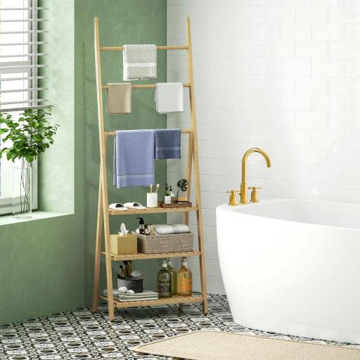 Estantería de Baño de Bambú Plegable con 3 Estantes con Barras Estantería de Madera en Forma de A 53,5x30x53 cm Natural