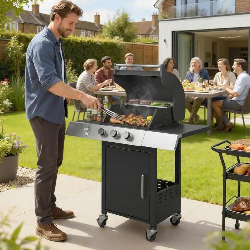 Barbacoa de Gas con 3 Quemadores 8,1 kW Termómetro Parrillas Mesas Laterales Armario y Ruedas 109x50x109 cm Negro [0]