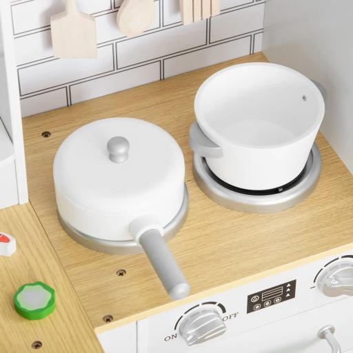 Cocina de Juguete de Madera para Niños de +3 Años con Sonidos 14 Accesorios Cocinita Infantil con Teléfono Fregadero Extraíble Microondas y Grifo 82x65x87 cm Blanco [7]