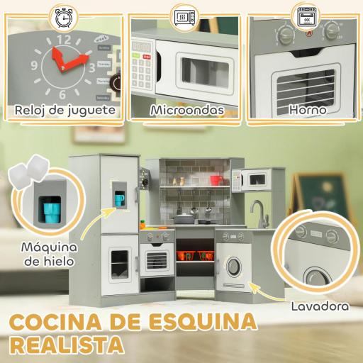 Cocinita Infantil con Sonido Fogón Horno Grifo Fregadero Microondas Lavadora Máquina de Hielo y Accesorio de Cocina Gris [4]