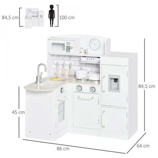 Cocina de Juguete de Madera para Niños de +3 Años con 14 Accesorios Separable Cocinita Infantil con Sonido Nevera Microondas Fregadero Campana 86x64x84,5 cm Blanco [1]