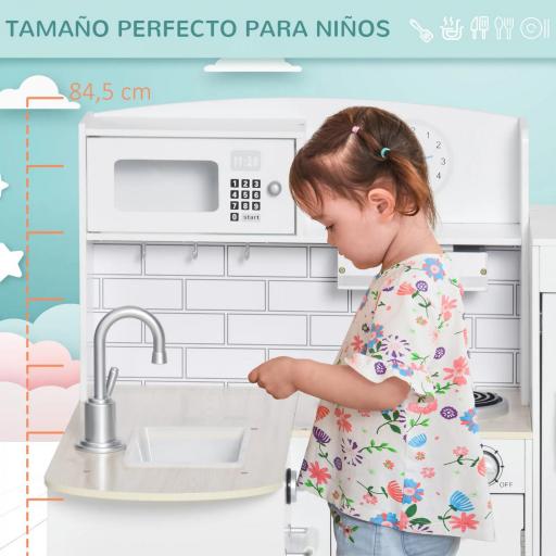 Cocina de Juguete de Madera para Niños de +3 Años con 14 Accesorios Separable Cocinita Infantil con Sonido Nevera Microondas Fregadero Campana 86x64x84,5 cm Blanco [2]