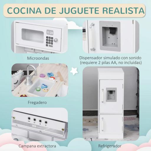 Cocina de Juguete de Madera para Niños de +3 Años con 14 Accesorios Separable Cocinita Infantil con Sonido Nevera Microondas Fregadero Campana 86x64x84,5 cm Blanco [3]