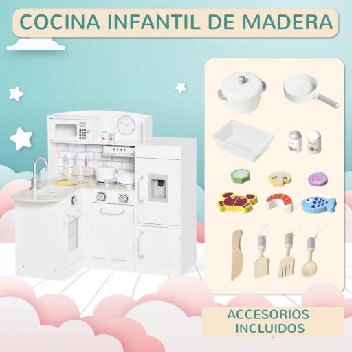 Cocina de Juguete de Madera para Niños de +3 Años con 14 Accesorios Separable Cocinita Infantil con Sonido Nevera Microondas Fregadero Campana 86x64x84,5 cm Blanco [4]