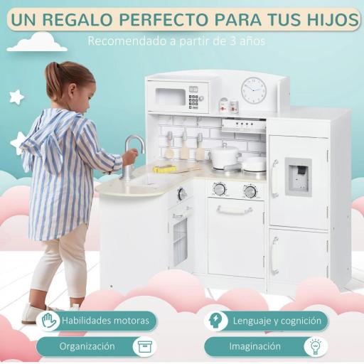 Cocina de Juguete de Madera para Niños de +3 Años con 14 Accesorios Separable Cocinita Infantil con Sonido Nevera Microondas Fregadero Campana 86x64x84,5 cm Blanco [5]