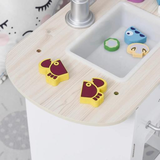 Cocina de Juguete de Madera para Niños de +3 Años con 14 Accesorios Separable Cocinita Infantil con Sonido Nevera Microondas Fregadero Campana 86x64x84,5 cm Blanco [6]