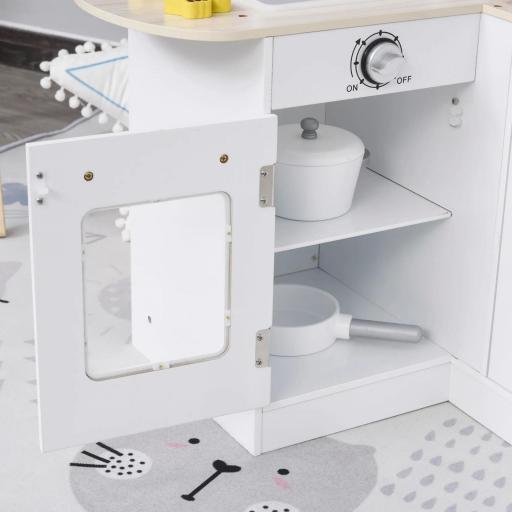 Cocina de Juguete de Madera para Niños de +3 Años con 14 Accesorios Separable Cocinita Infantil con Sonido Nevera Microondas Fregadero Campana 86x64x84,5 cm Blanco [7]