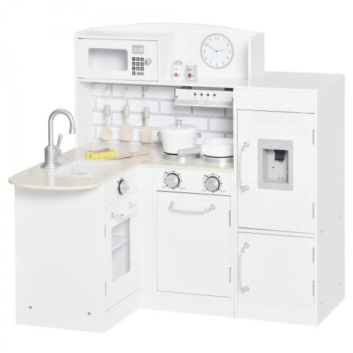 Cocina de Juguete de Madera para Niños de +3 Años con 14 Accesorios Separable Cocinita Infantil con Sonido Nevera Microondas Fregadero Campana 86x64x84,5 cm Blanco [8]